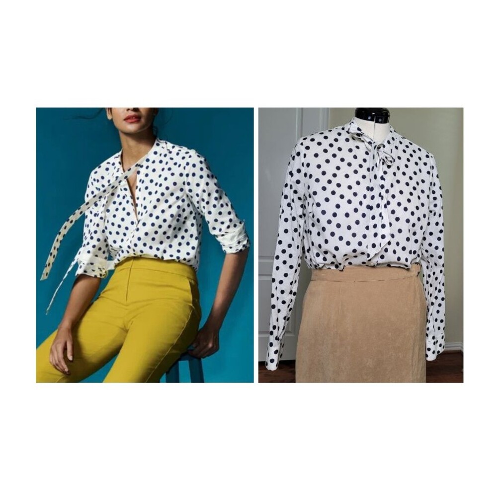 BODEN Tie Neck Shirt Polka Dot White Navy Women 10 Cotton Preppy Workwear Casual